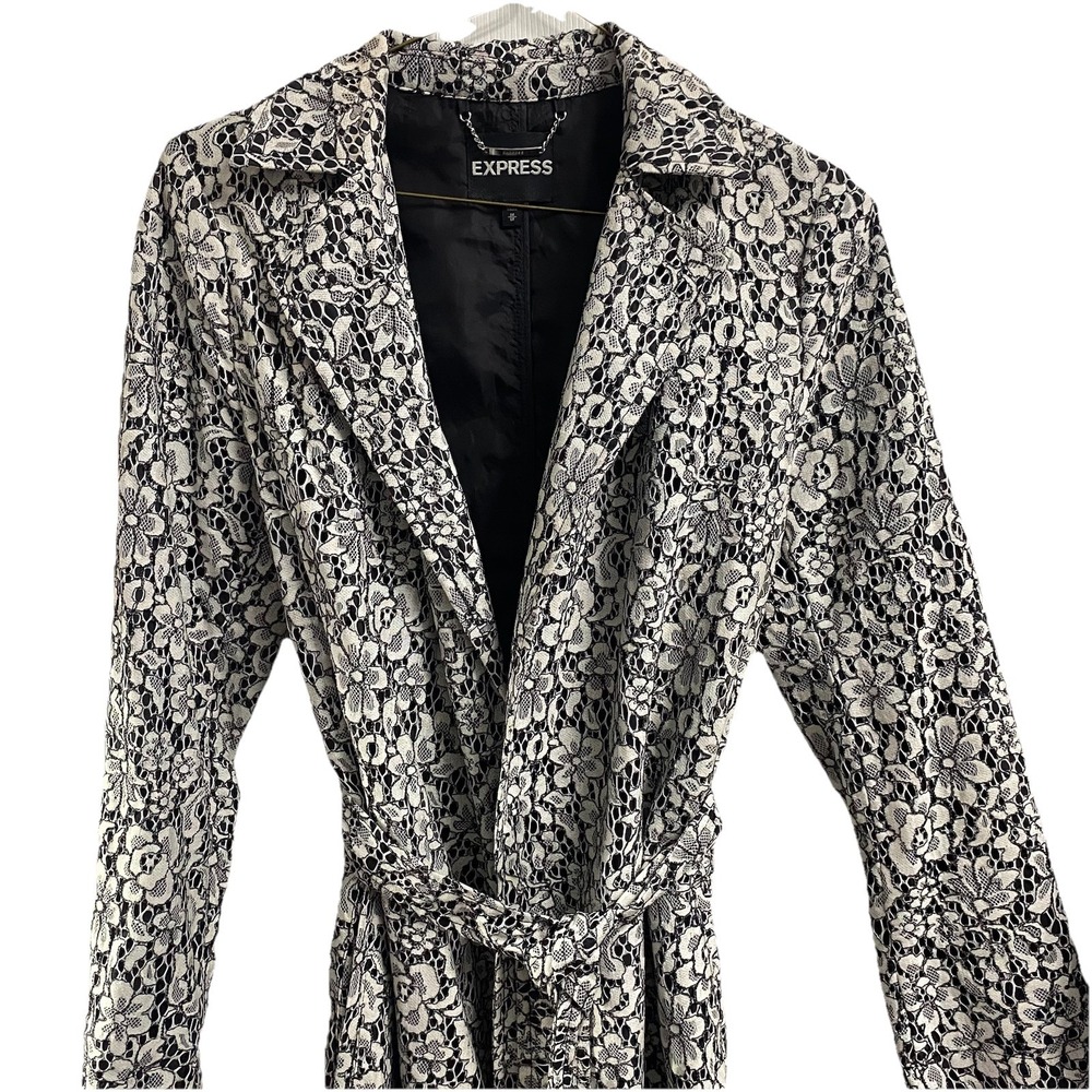 EXPRESS Women Black&White Floral Lightweight Trench Coat Jacket W/Tie‎ Belt Sz.M